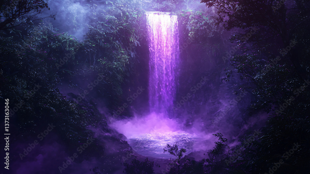 Poster lush waterfall flowing through a vibrant jungle with abundant greenery and serene waters creating a 