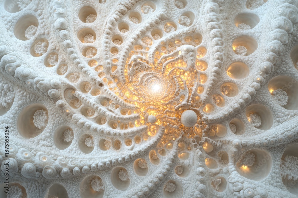 Poster a complex fractal pattern in white with a central bright light, creating a mesmerizing, otherworldly