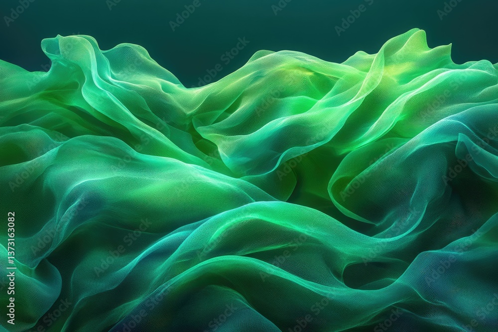 Poster Abstract image featuring flowing, translucent fabric in shades of green, creating a dynamic and ethereal visual experience with a calming, nature-inspired aesthetic.