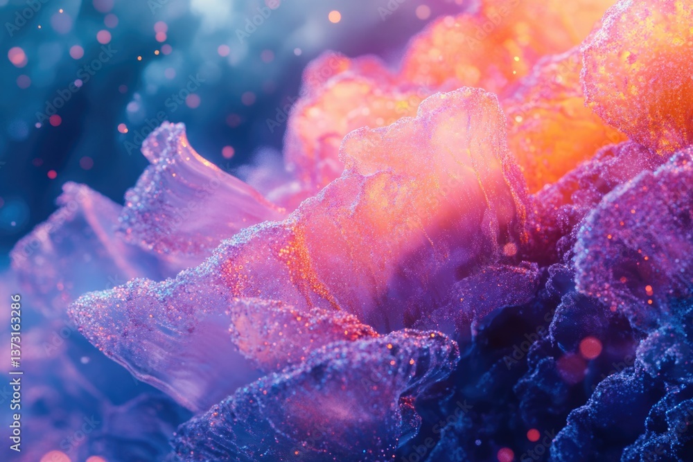 Poster abstract macro image shows an organic, crystalline structure with glowing orange and purple hues and