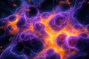 Fototapeta premium Abstract depiction of interconnected biological cells with glowing orange and purple hues, under a microscope.
