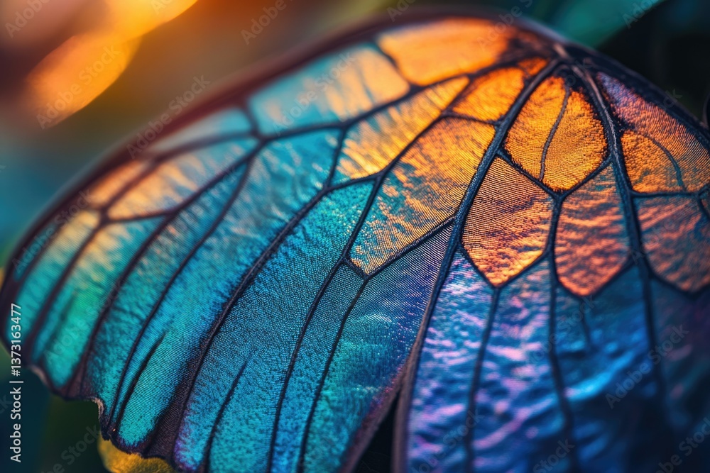 Poster a mesmerizing close-up of a butterfly wing displaying vibrant blue, orange, and purple hues with int