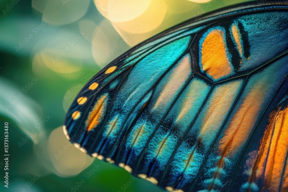 Poster Close-up shot showcasing the intricate patterns and vibrant colors of a butterfly wing with bokeh background.