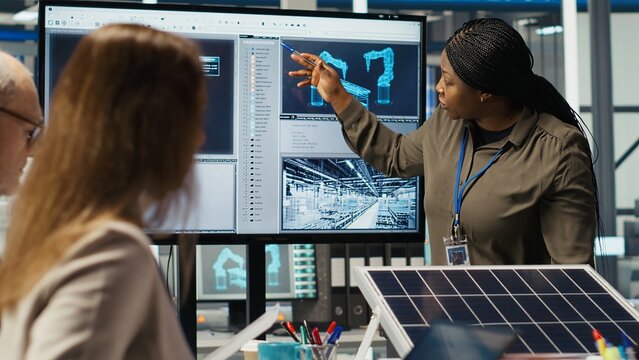 Engineering team in photovoltaics plant improving solar cells efficiency. Solar panels factory research and development department staff members working on clean energy solutions, camera B