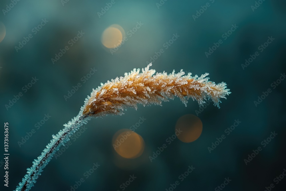 Poster a close-up of a frozen wheat stalk with ice crystals against a blurred, bokeh background.