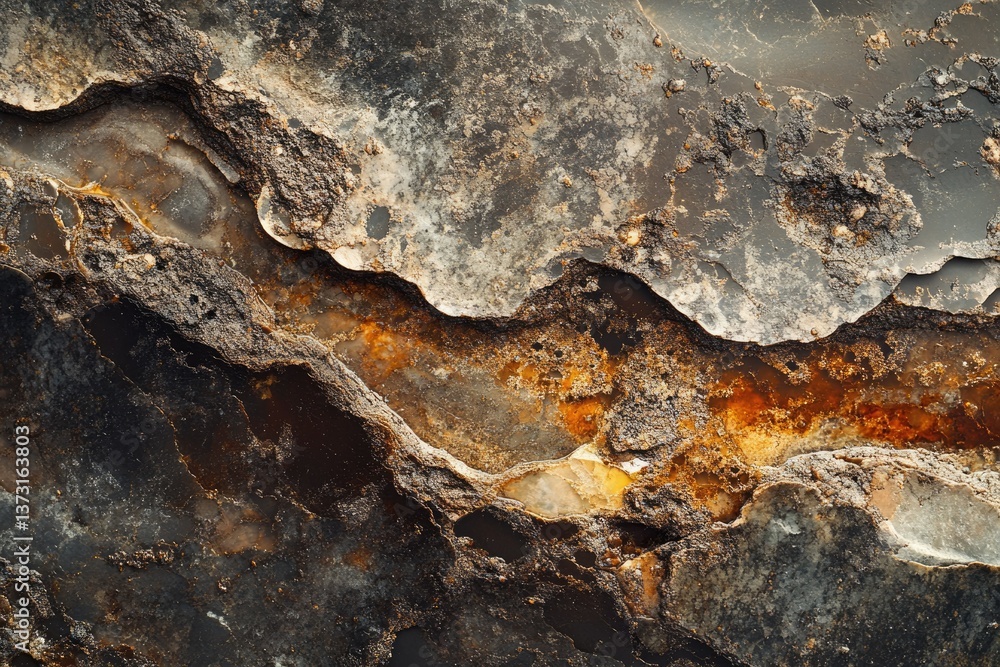 Poster Abstract close-up of layered rock formations with a mix of dark and rusty tones, creating a textured surface.