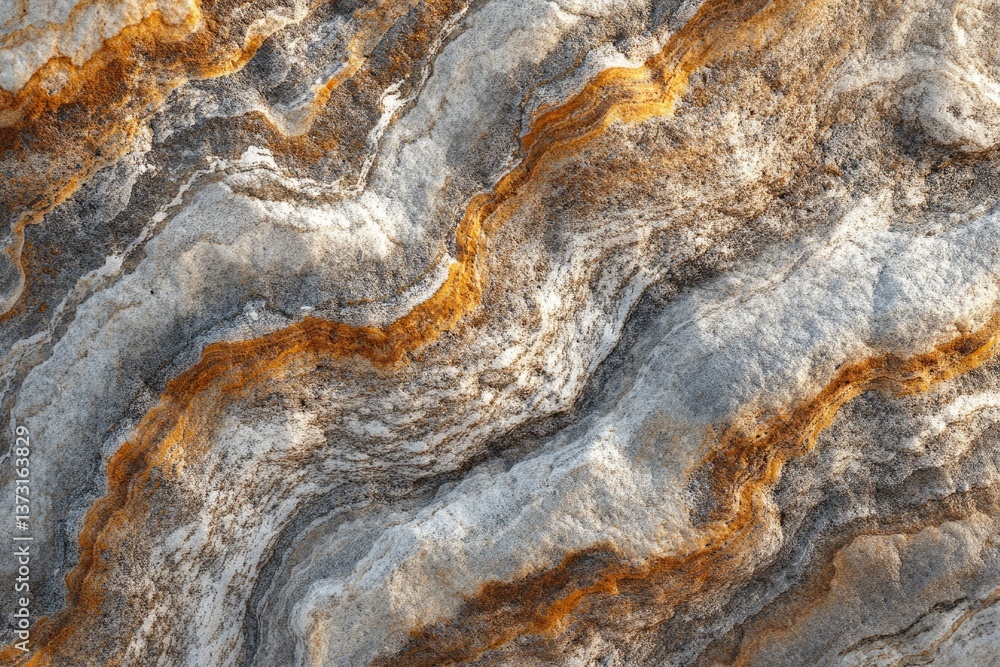 Poster a close-up abstract of textured grey rock with golden-brown wavy lines and intricate details creatin