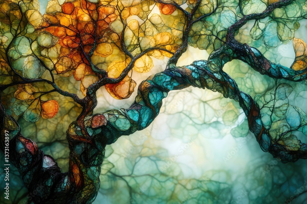 Aufkleber an ethereal tree with colorful leaves and a unique, textured trunk, set against a dreamy and abstrac
