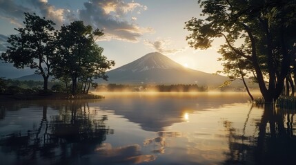 Sunset Reflections on a Serene Lake with Majestic Mountain in the Background