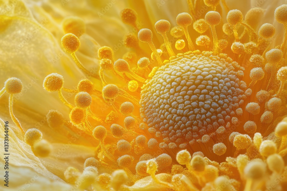 Poster detailed macro view of a flower center, showcasing intricate yellow stamen structures and a textured