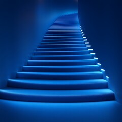 A curved blue staircase illuminated with ambient and integrated lights