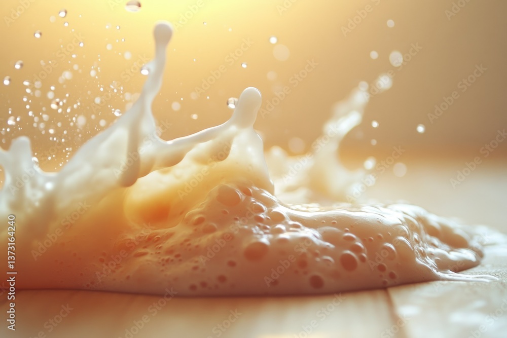 Aufkleber a creamy, frothy liquid splashes and bubbles against a warm, blurred background with droplets suspen