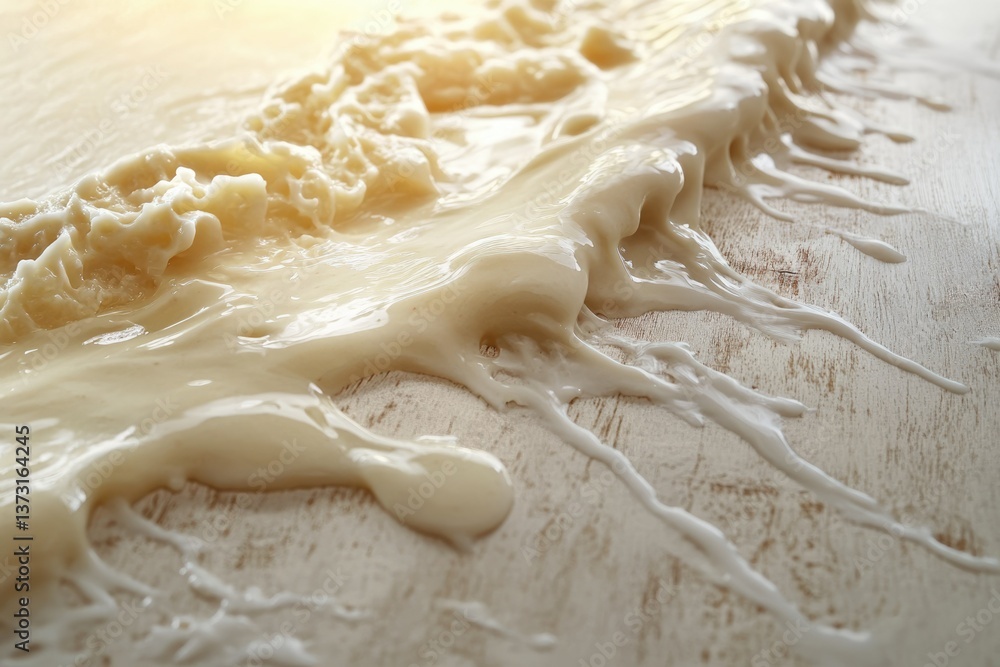 Aufkleber Creamy liquid splashes across a textured surface, creating an abstract pattern of flows and splatters in a light, neutral palette.