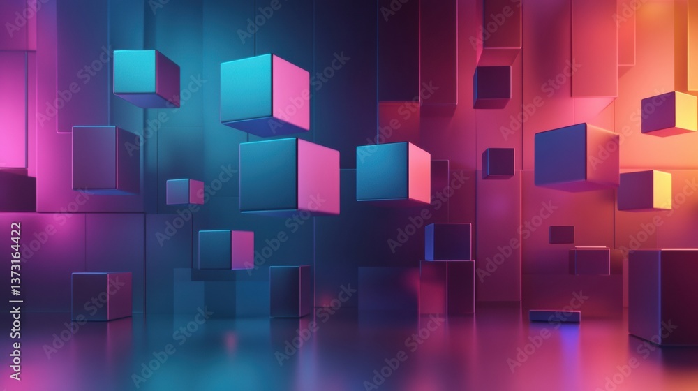 Aufkleber Futuristic minimalistic background featuring floating colorful 3D cubes and soft reflections in neon color gradients