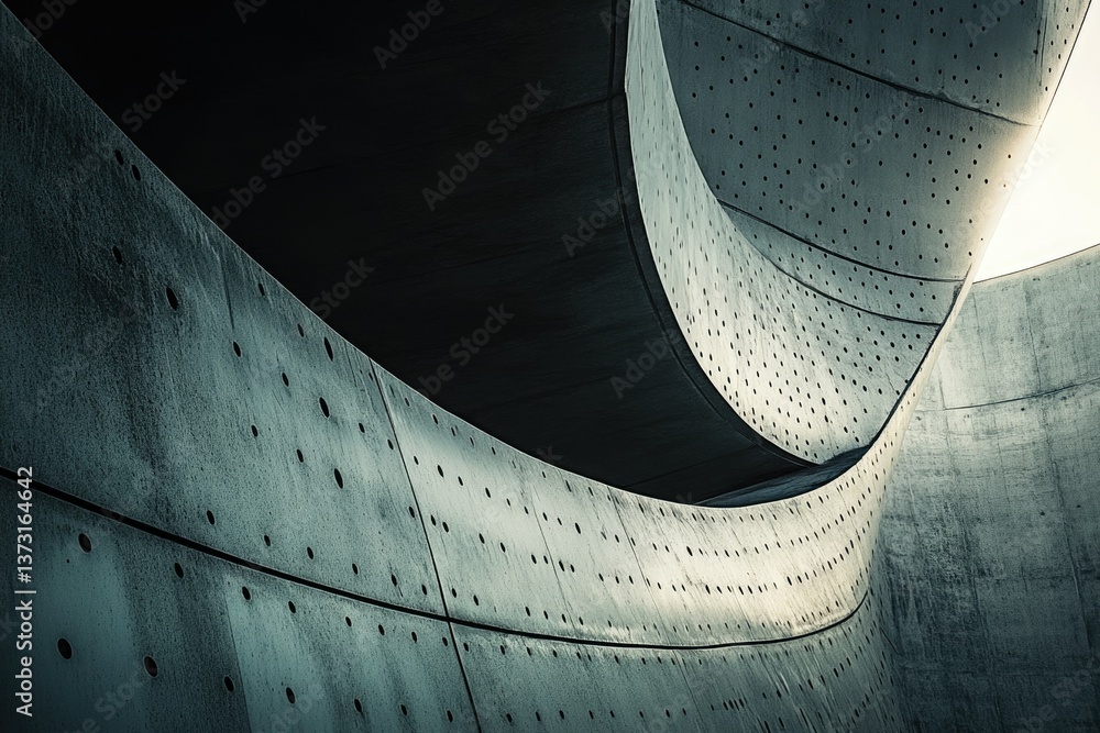 Poster A captivating abstract perspective of a modern concrete structure showcasing curves and textures under shadows and light.