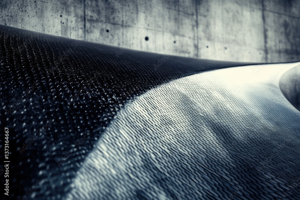 Poster The abstract, close-up image features a smooth, curving surface with a distinct pattern against a textured concrete wall.