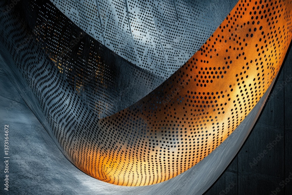 Poster abstract perforated metal structure showing warm tones against cooler grays, creating a textural and