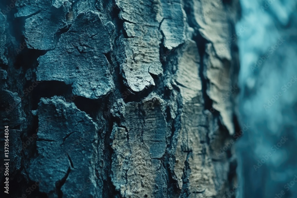 Poster Detailed macro shot showcasing the rugged texture and weathered surface of a tree trunk with bluish hues.