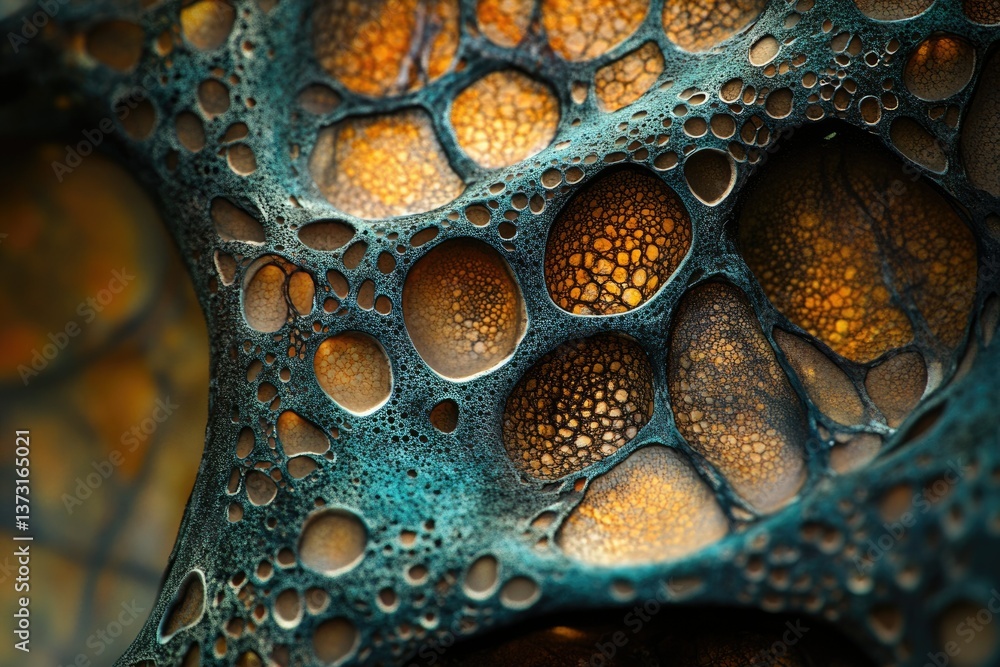 Poster detailed macro shot of an organic, porous structure with golden interior cells and teal outer matrix