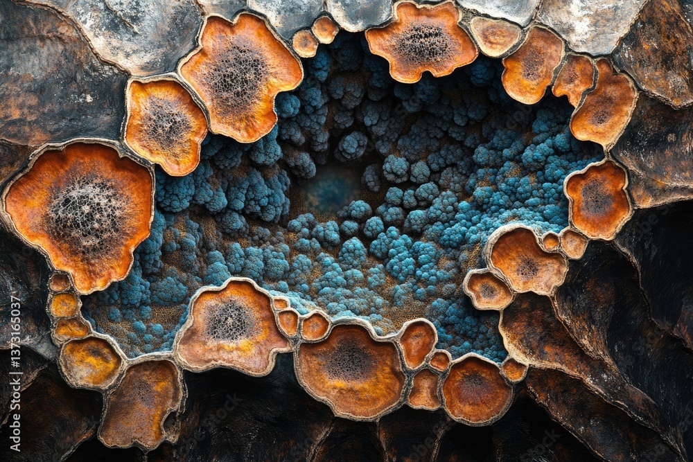 Poster an abstract close-up of a geode featuring intricate patterns, textures, and a striking blue crystal 
