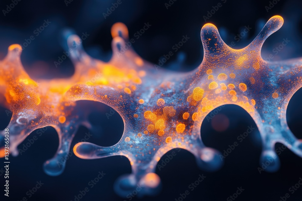 Aufkleber Abstract depiction of a biological structure with glowing orange particles embedded in a translucent blue matrix on dark background.