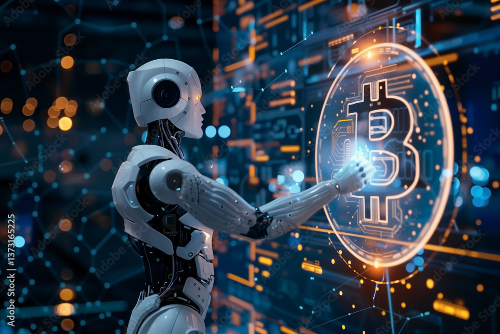 Poster a futuristic robot manipulates a digital currency icon, set against a backdrop of interconnected dig