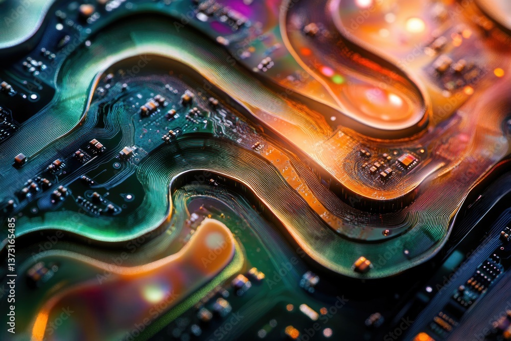Poster a colorful and complex circuit board design with intricate pathways and vibrant colors, hinting at a