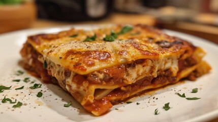 Close-Up of Homemade Beef Lasagna Topped with Melted Cheese and Fresh Herbs &ndash; Classic Italian Comfort Food on White Plate