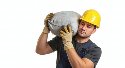 Worker in Safety Gear Carrying Heavy Cement Sack on Shoulder