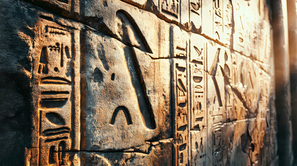 Ancient egyptian hieroglyphs carved on weathered stone wall. Ancient Glyphs. Illustration