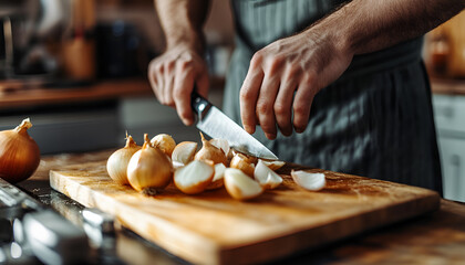 Obraz premium Middle aged caucasian chef preparing onions in kitchen. concept of culinary skill, cooking expertise, professional chef work