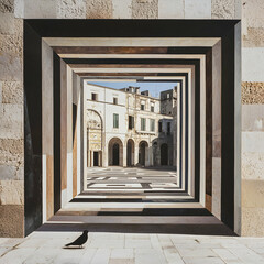 A Crow near Nested Stone Frames Enclosing a Sunlit City Square
