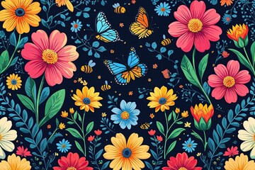 Vibrant Floral Vector Art Featuring Butterflies and Bees for Spring and Summer Celebrations
