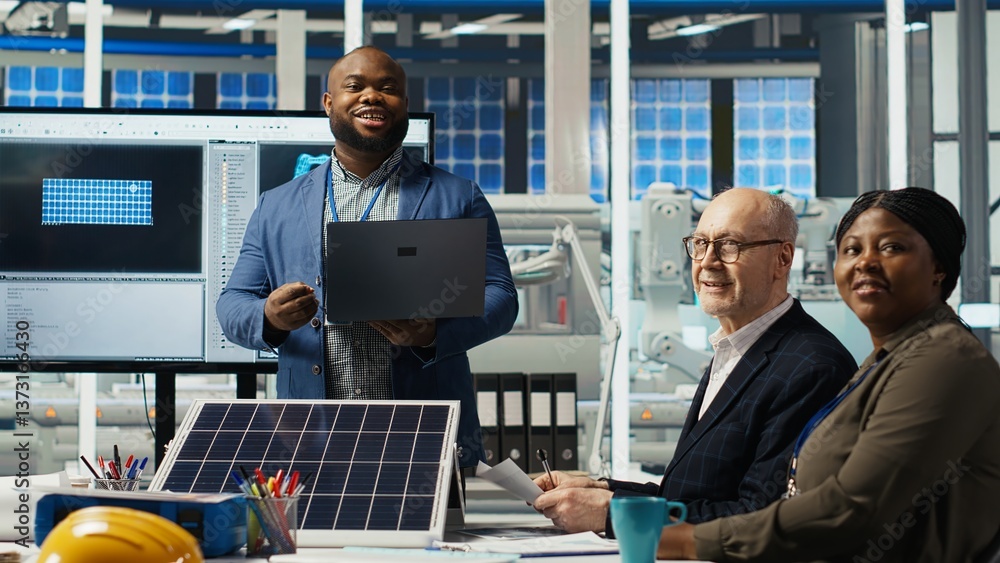 Poster portrait of smiling photovoltaics factory scientists experimenting with advanced pv materials to imp