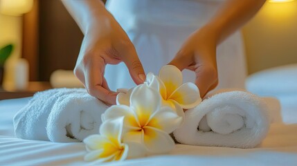 Hands of a hotel maid placing a plumeria flower and neatly arranged towels on the bed in a luxury hotel room, preparing for tourist travel.