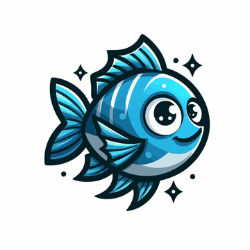 Poisson de dessin anim&eacute; en style logo ou embl&egrave;me, r&eacute;alis&eacute; en format vectoriel EPS10 sur fond blanc, parfait pour les marques avec un accent marin amusant et convivial.