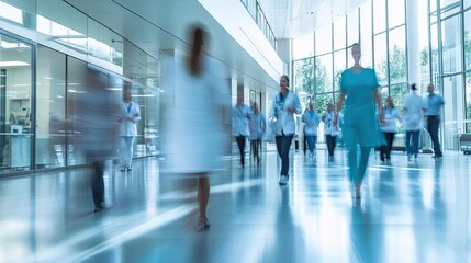 Motion blur captures the busy flow of patients, visitors, and staff in a modern hospital lobby, as doctors, nurses, and specialists move purposefully through the clinic.
