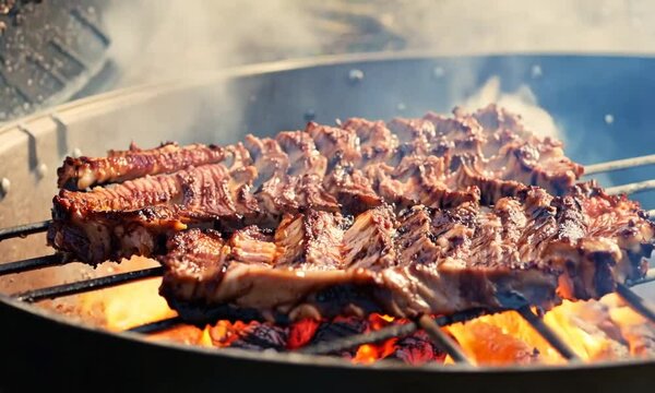 Barbecue ribs cooking on a circular smoker grill. A large circular smoker grill filled with rows of barbecue ribs sizzling over a fire.