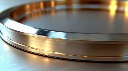 Sleek, metallic ring, close-up view.  Features a polished, circular band with a subtle inner and outer rim, showcasing a high-gloss finish