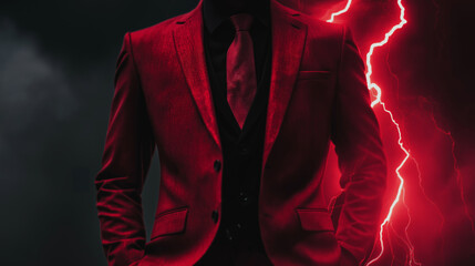Mysterious Man in Red Suit Standing Against Dark Stormy Sky with Red Lightning – Dramatic Power and Fashion Concept