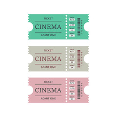 Three tickets with a tear-off part. Vector illustration of tickets of different colors with a barcode image and the inscriptions: cinema, ticket, admit one, date, time, row, seat