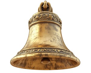 An ornate golden bell featuring intricate details and a hanging loop