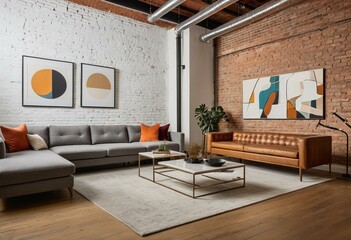 A living room filled with furniture and a brick wall.