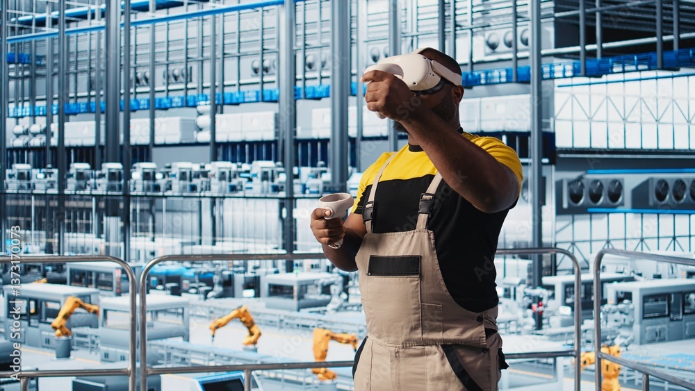 Poster smart factory expert using vr headset to test automated systems and ensure reliability. worker virtu