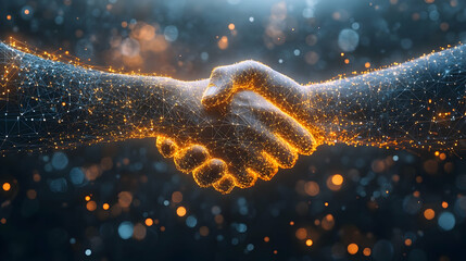 Digital handshake, partnership, agreement, glowing bokeh background, business concept