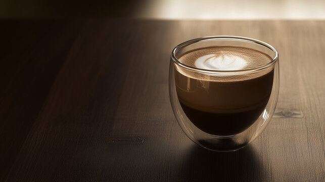 double walled glass of cappuccino on dark oak table