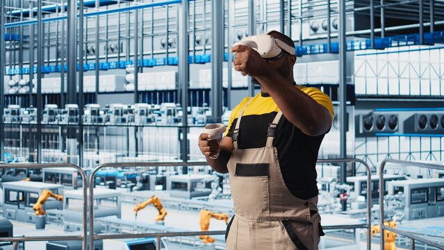 Smart factory expert using VR headset to test automated systems and ensure reliability. Worker virtual reality tech to identify bottlenecks and optimize gear based on sensors data, camera A - Powered by Adobe