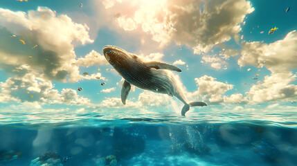 Fototapeta premium majestic whale breaches ocean under vibrant sky, surrounded by clouds and sunlight, creating breathtaking scene