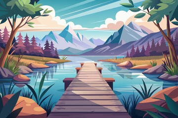 Naklejka premium A serene wooden pathway leading to a calm lake, surrounded by soft nature, perfect for minimal wallpaper