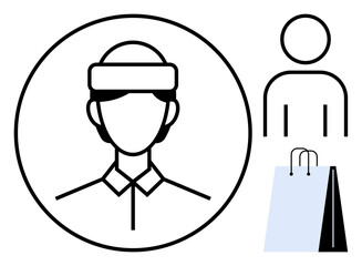 Profile of a retail employee in uniform and shopping bag symbol near a user icon. Ideal for retail, customer service, shopping, commerce, sales, assistant, and e-commerce in flat simple metaphor